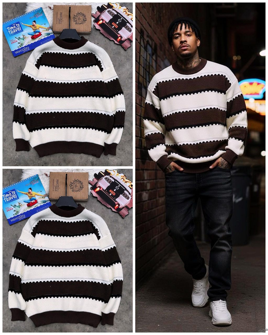 Brown and white striped knit sweater in flat lay with accessories and on model in urban setting.