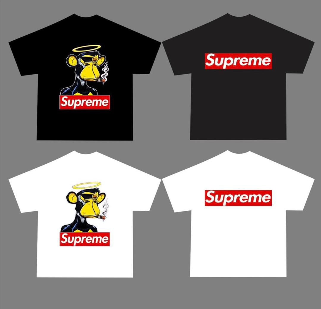 Collage showing Supreme box logo and graphic crop tops in black and white colorways.