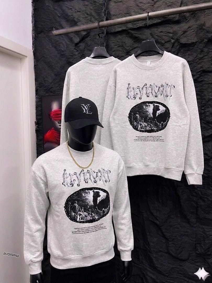 Light gray Revenant graphic sweatshirt on mannequin and hanger.