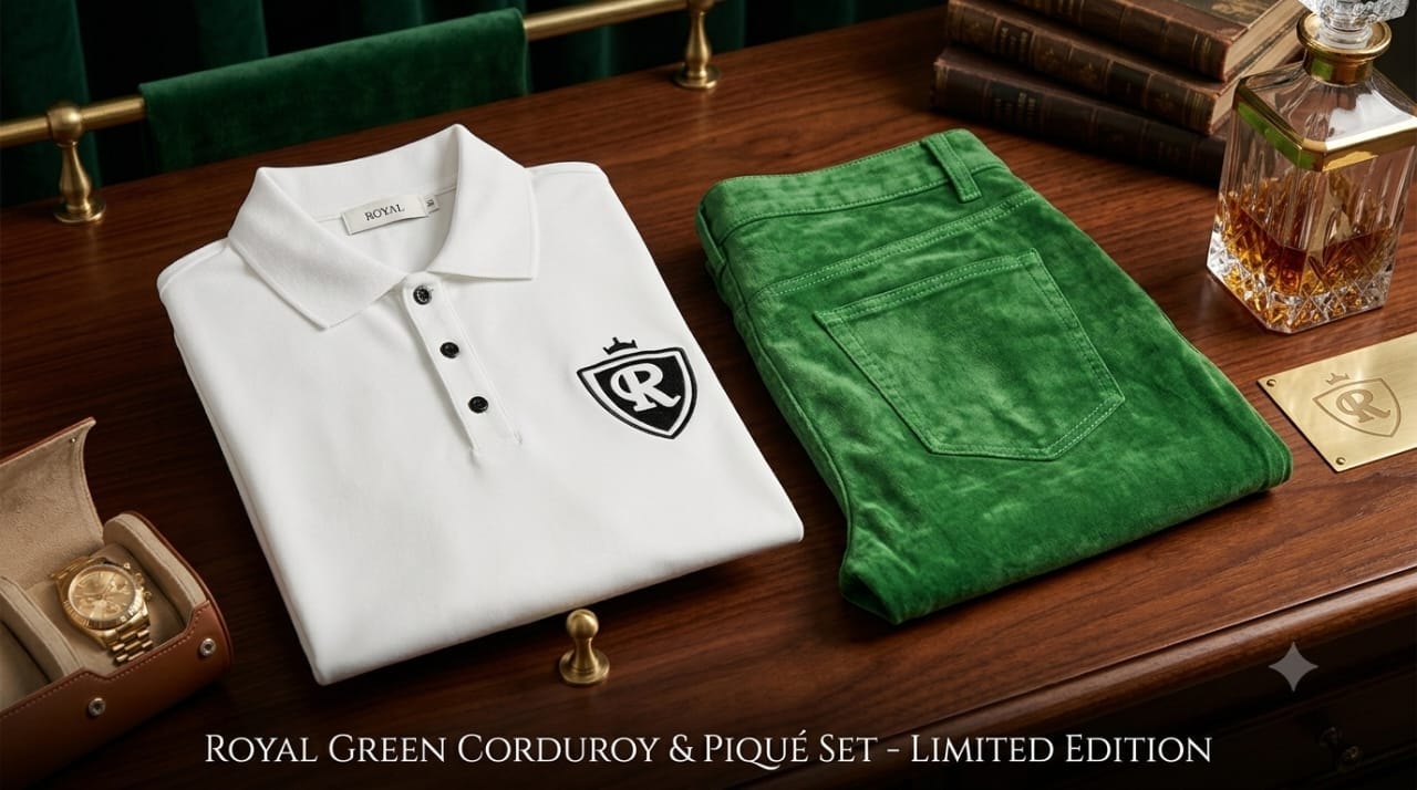 White polo shirt with black crest logo folded next to green corduroy bottoms on wooden desk with luxury accessories.