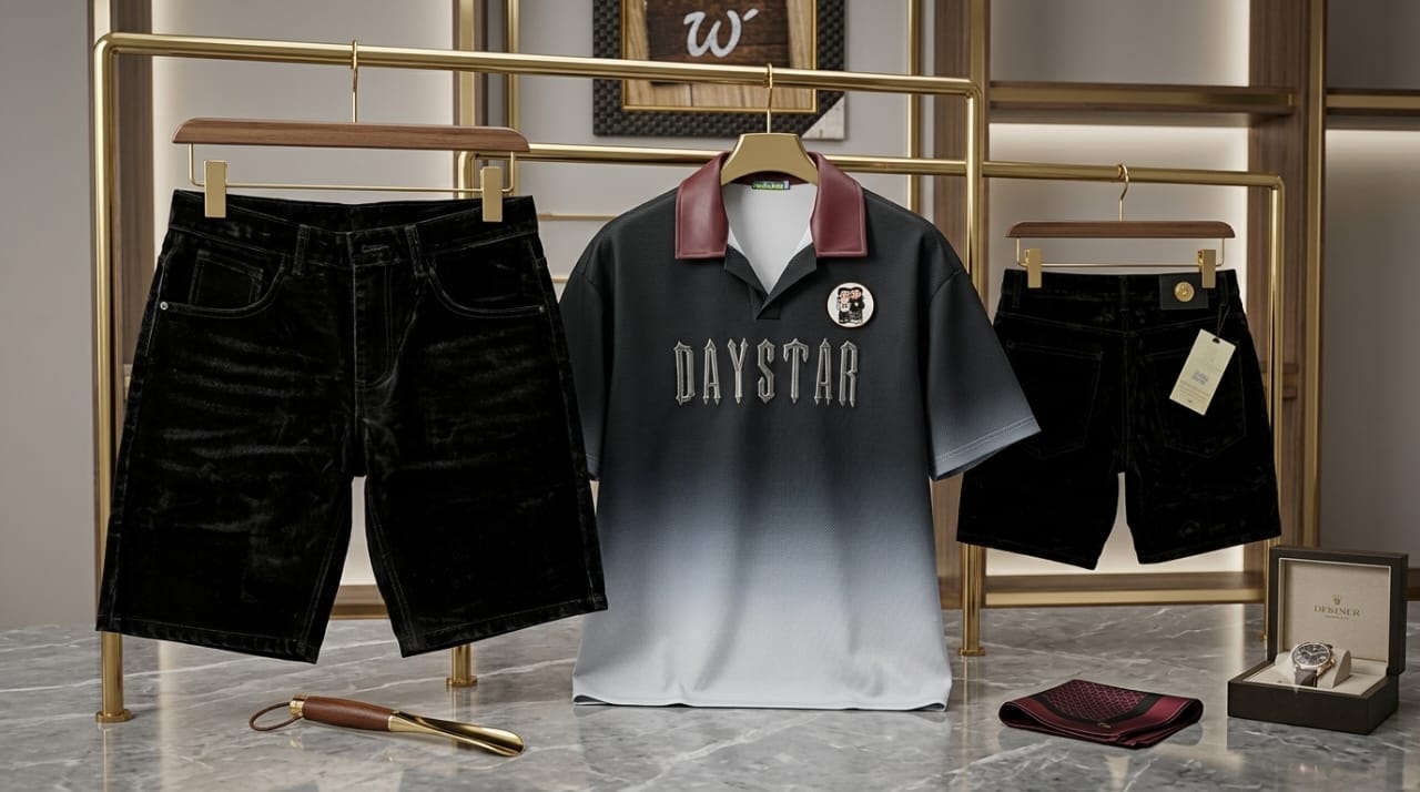 Gradient black to white polo shirt with DAYSTAR text and maroon collar paired with black velvet shorts in luxury setting.
