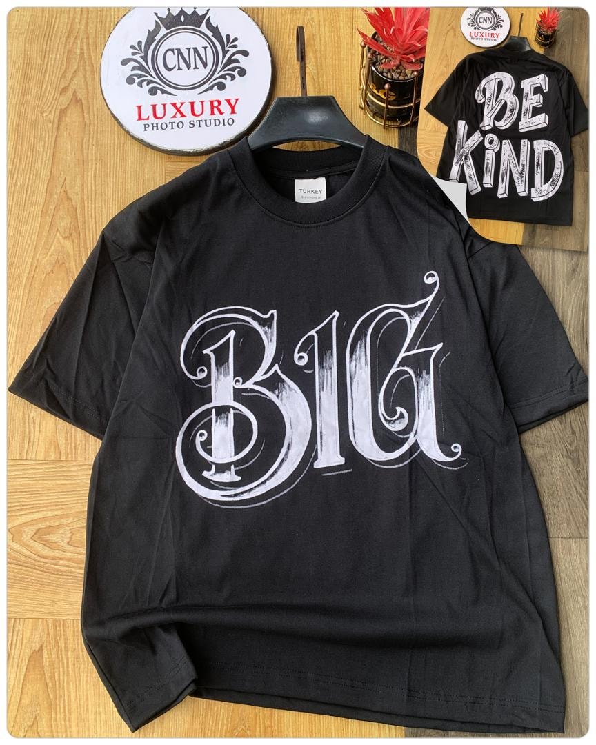 Black t-shirt with large white B1G script print on front.