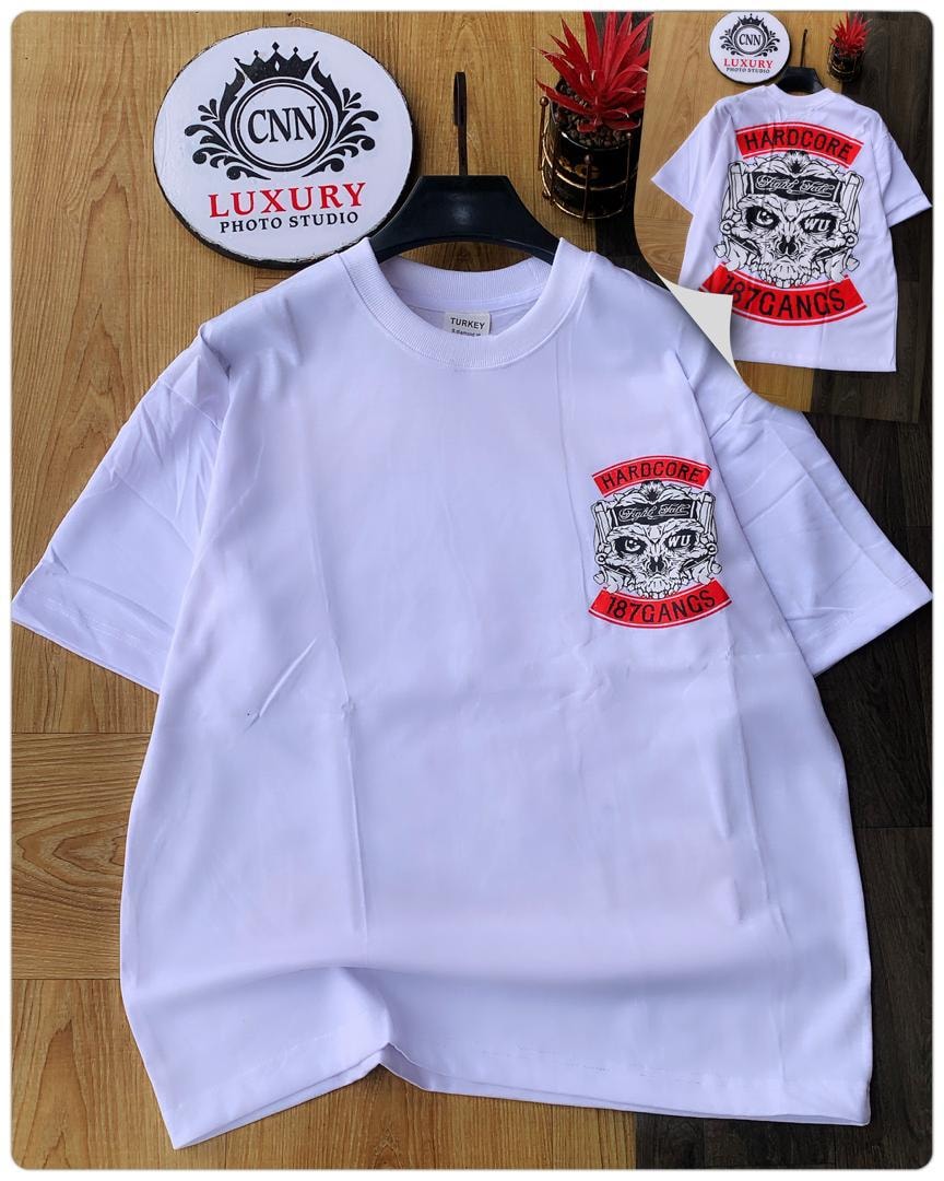 White t-shirt with hardcore skull and 187 GANGS graphic on chest.
