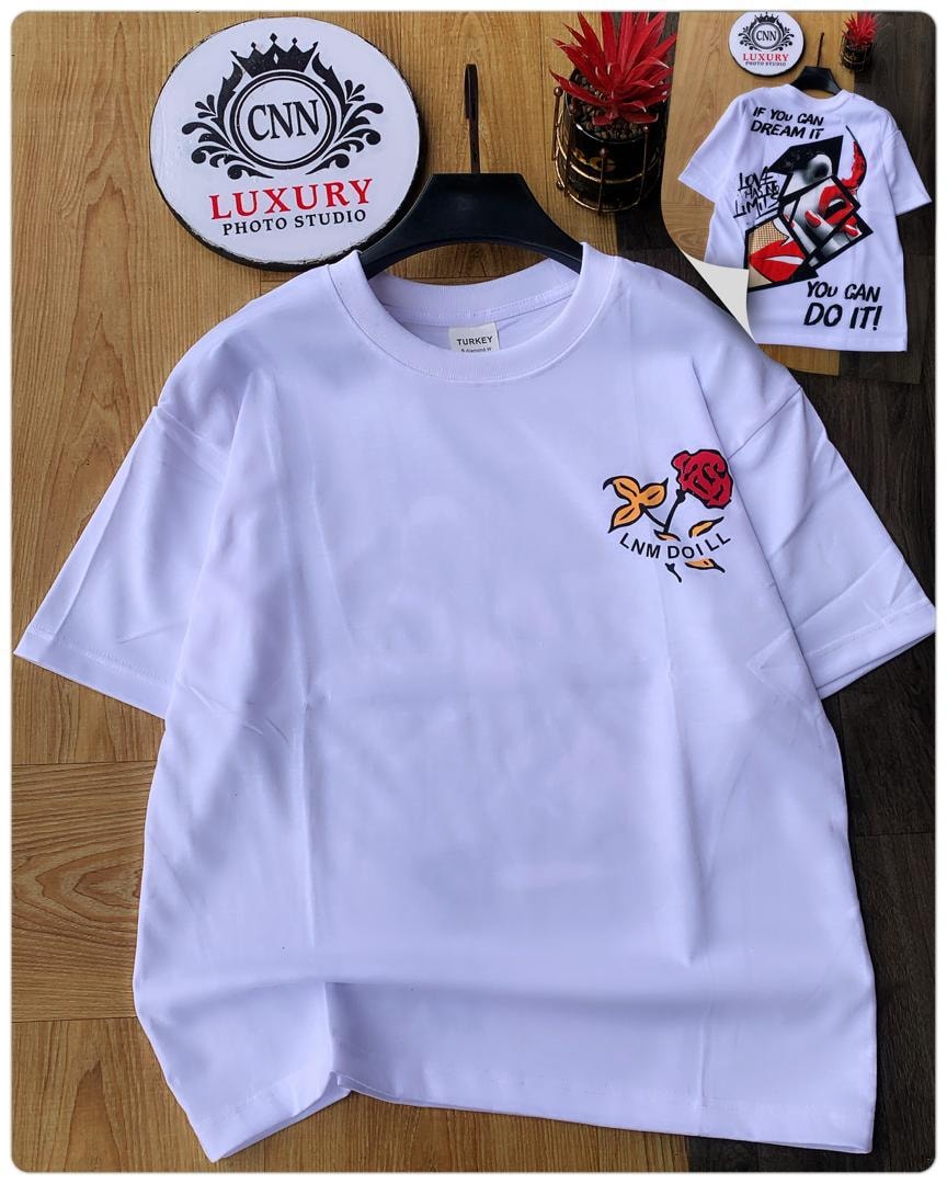 White t-shirt with colorful rose graphic and LNM DOILL text on the chest.