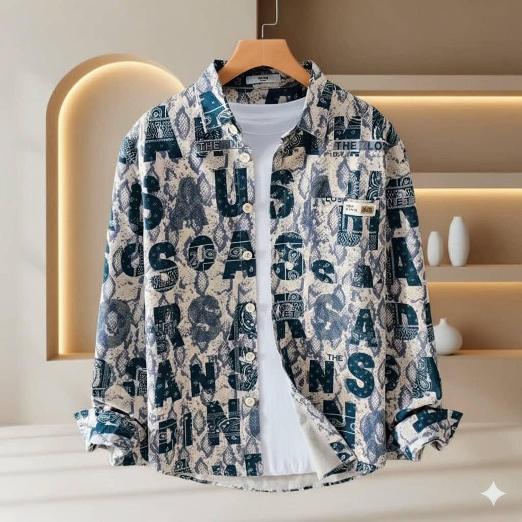 Blue snake skin and text pattern long sleeve shirt hanging open over white tee.