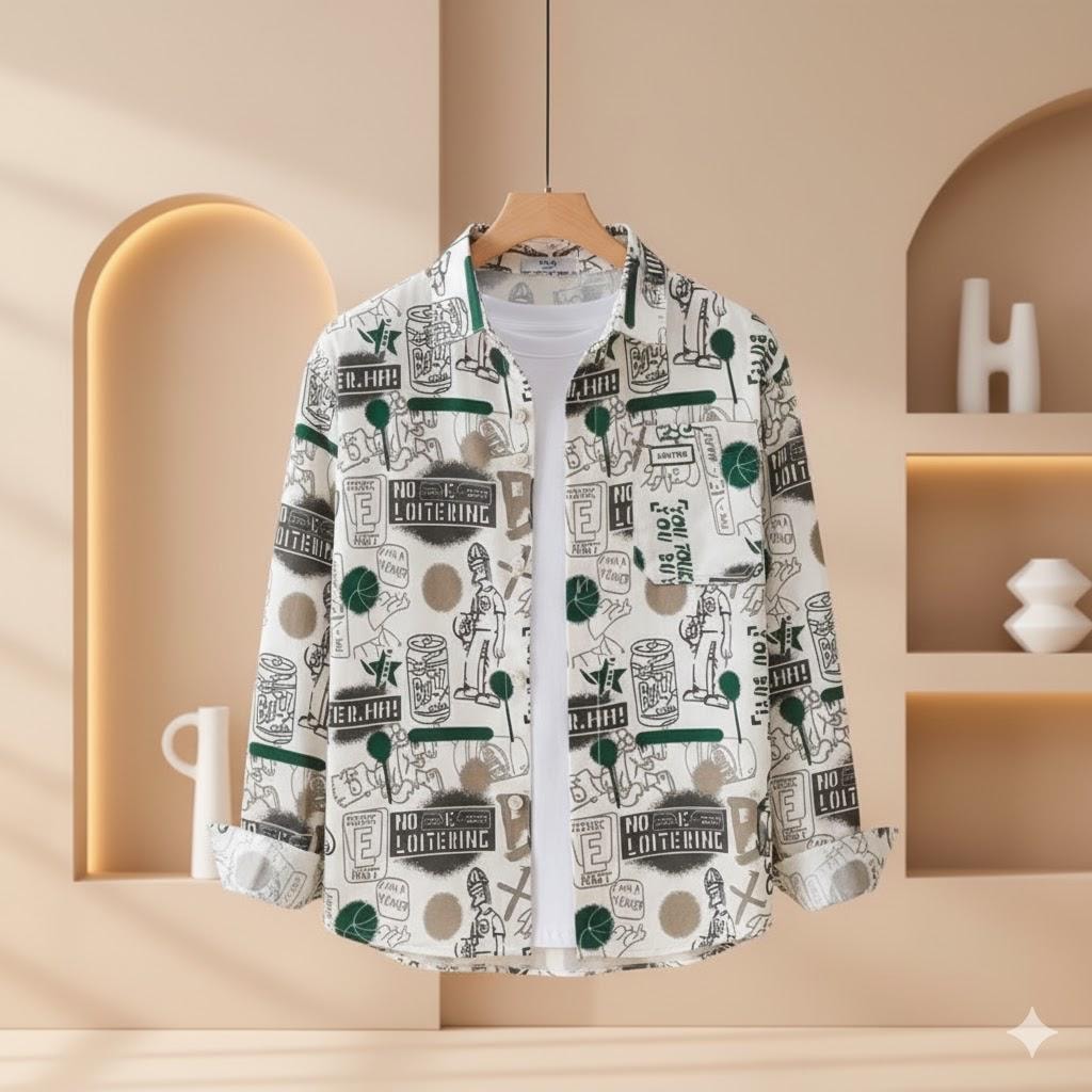 White shirt with green and black all-over comic graphic prints hanging on a wooden hanger.
