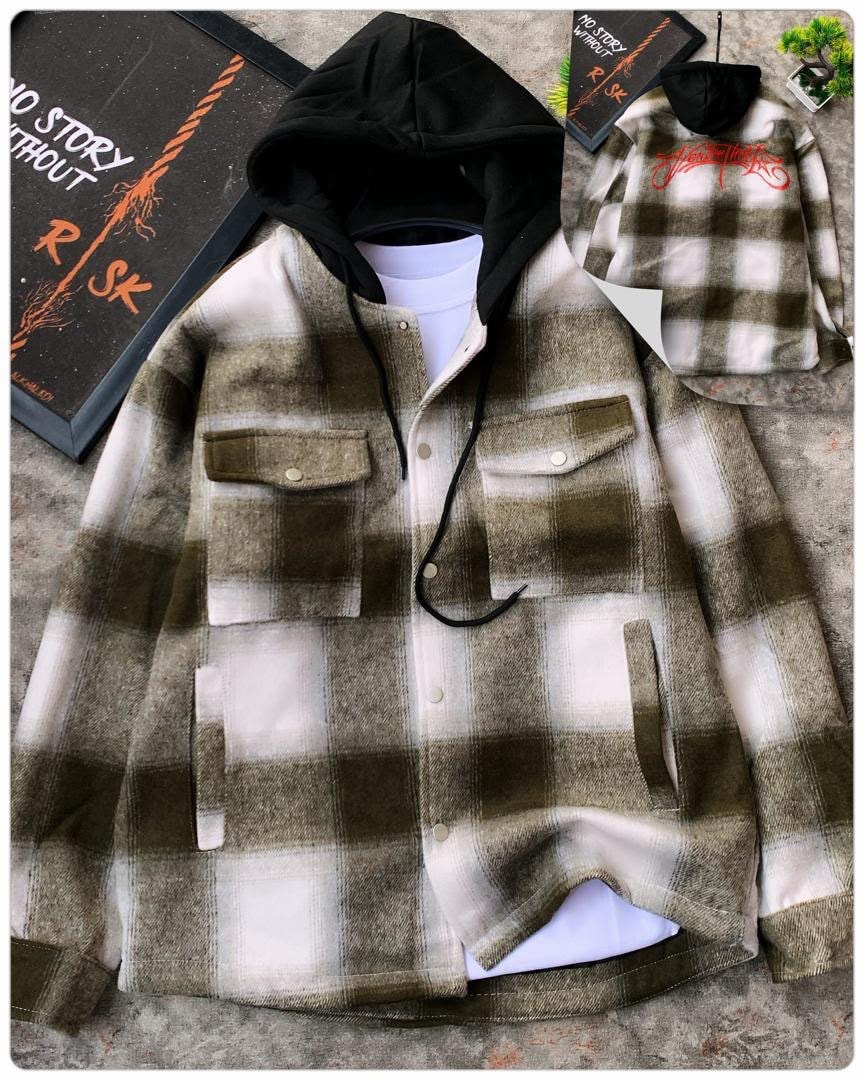 Olive plaid hooded shirt with black hood, button front and chest pockets, shown flat with back inset.