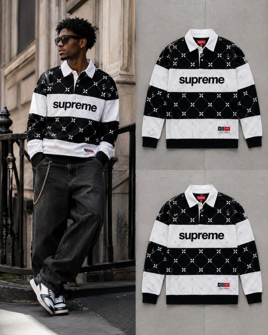 Model wearing black and white Supreme long sleeve polo with flat lay views.