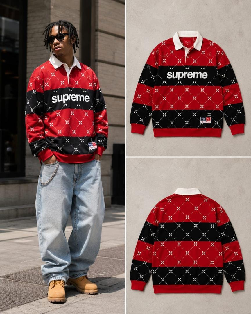 Model wearing red and black Supreme long sleeve polo with flat lay views.