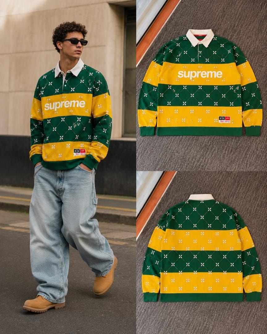Model wearing green Supreme long sleeve polo with flat lay front and back views.