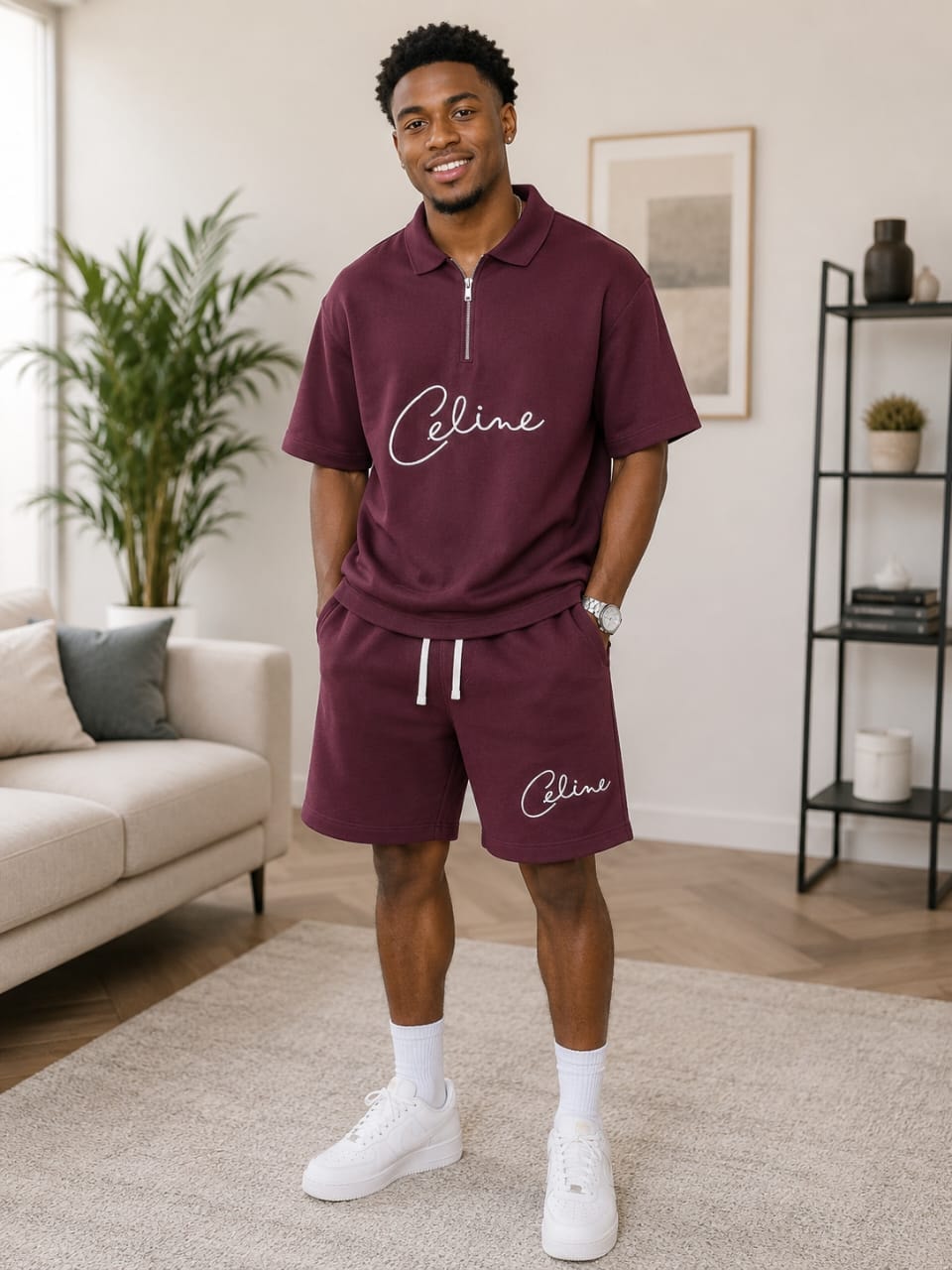 Man smiling in maroon Celine polo shirt and matching shorts in a bright living room.