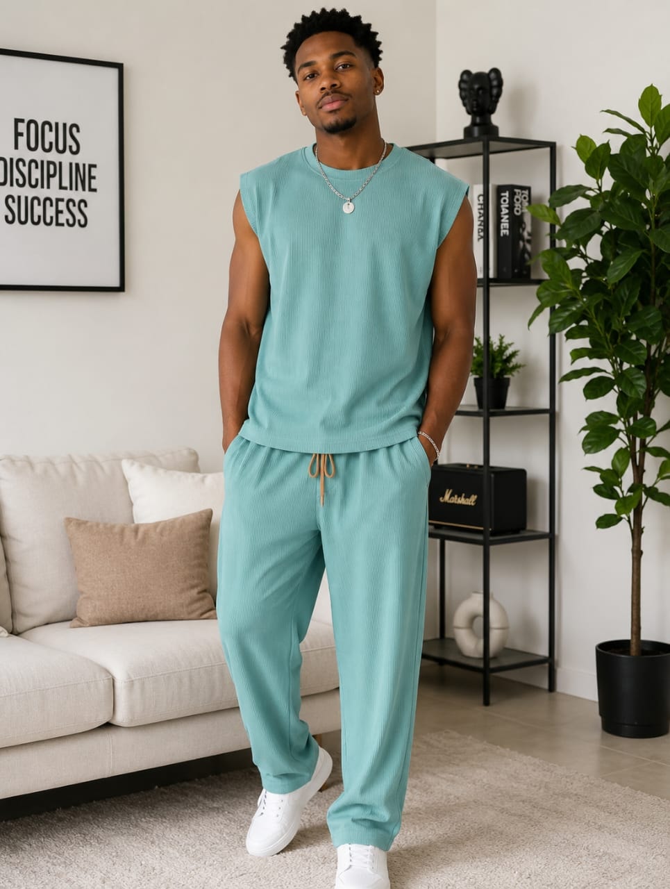 Man modeling light blue ribbed sleeveless top and matching jogger pants in a living room setting.