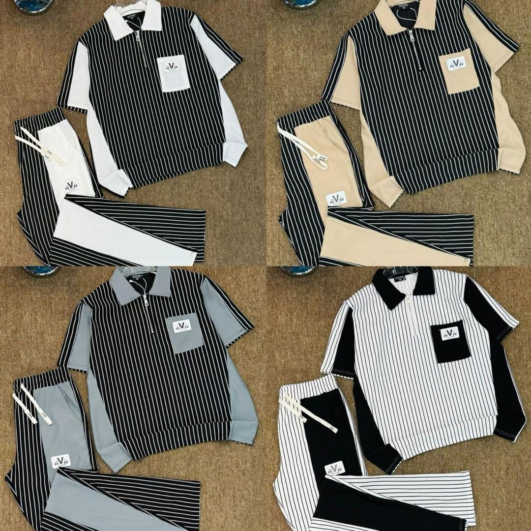 Collage of four color variations of striped ribbed two-piece sets.