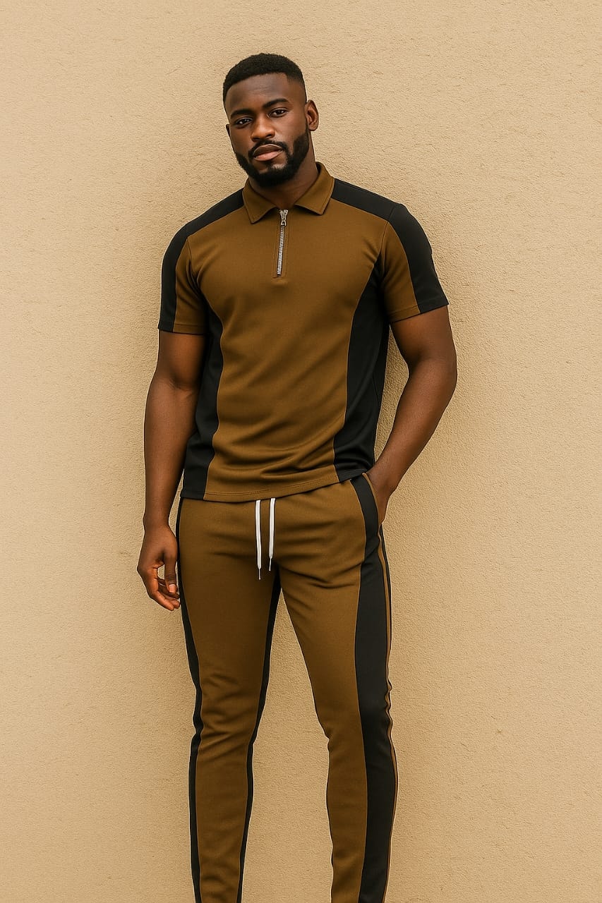 Man wearing brown and black colorblock ribbed polo with joggers.