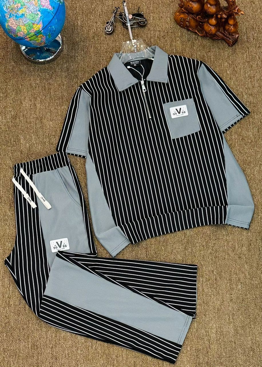 Gray and black striped ribbed polo shirt with matching joggers.