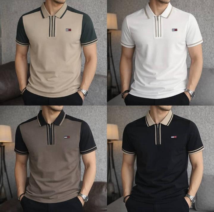 Four male models wearing the contrast polo shirts in beige, white, brown and black colorways.