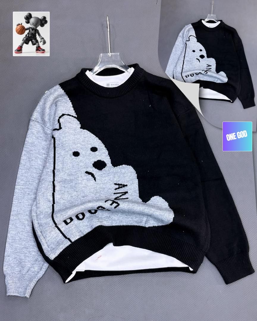Black and gray colorblock sweatshirt featuring bear illustration.