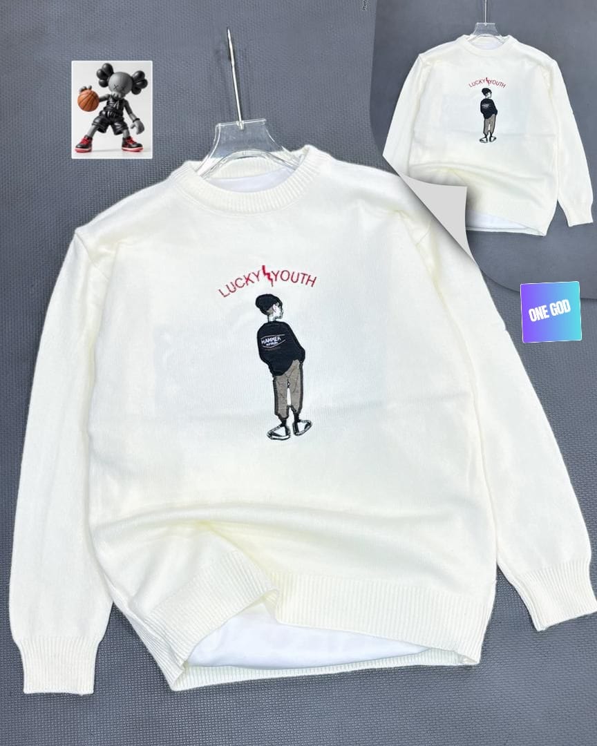 Cream embroidered Lucky Youth graphic sweatshirt on hanger showing front and back.