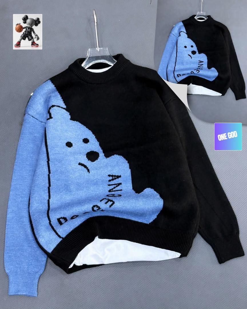 Black and blue colorblock sweatshirt with large bear graphic and text.