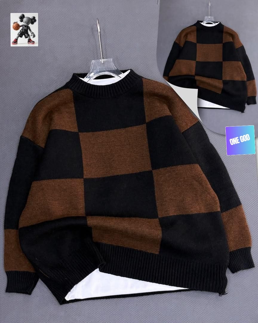 Brown black and tan checkered knit sweatshirt displayed on hanger.