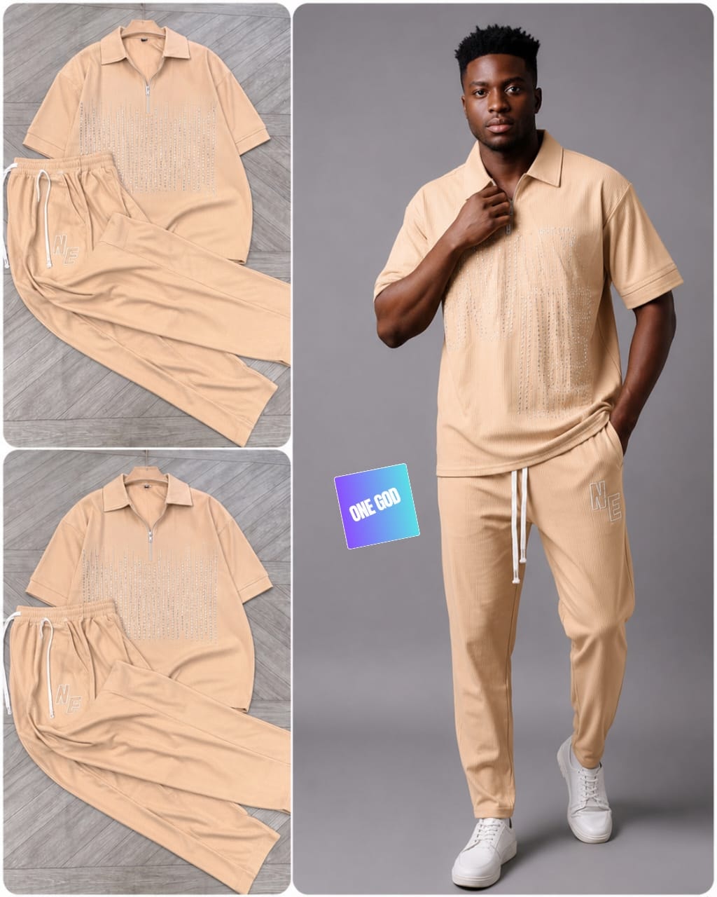 Beige ribbed polo shirt and trousers two-piece set with vertical rhinestone details shown in flat lay and on male model.
