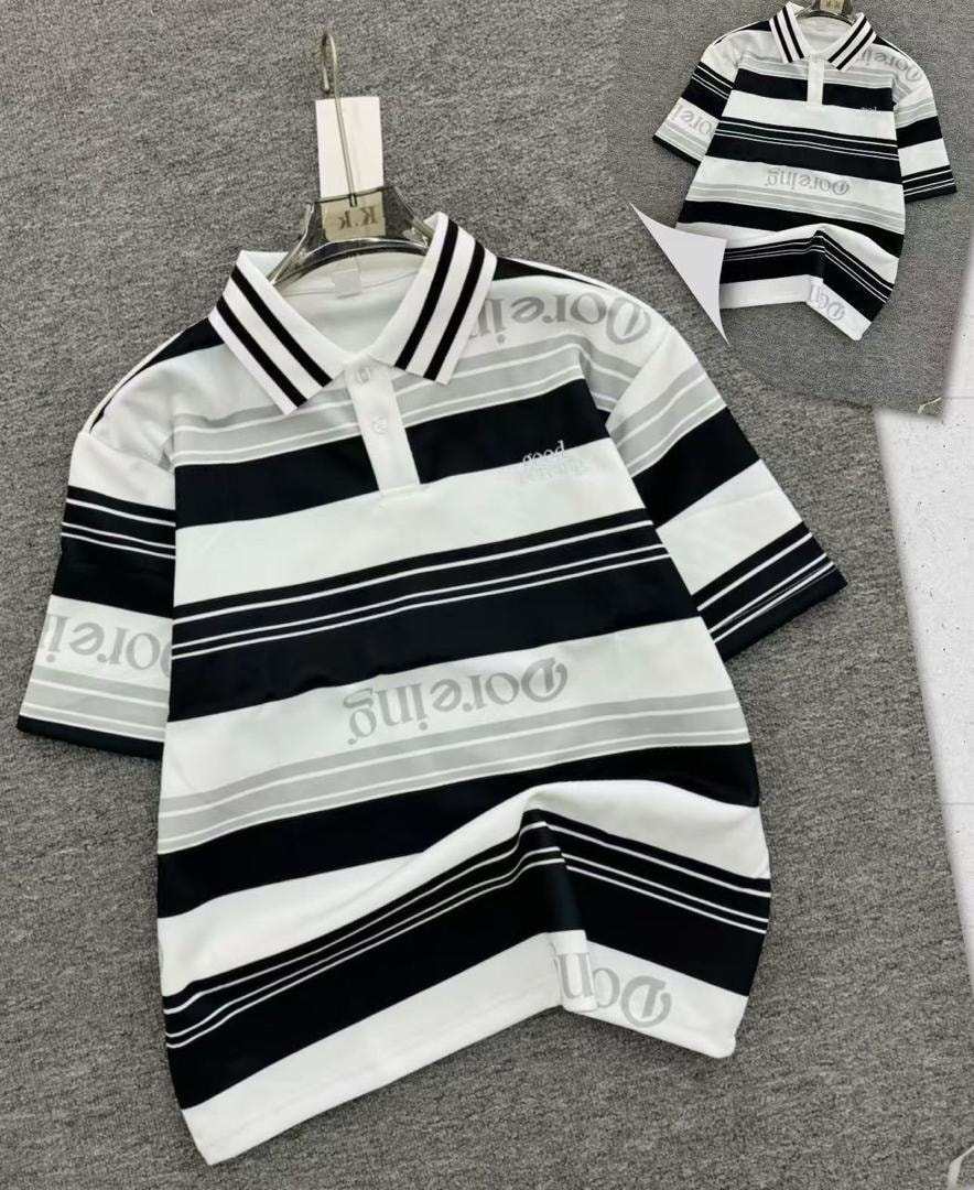White grey and black striped polo shirt on hanger with inset view.