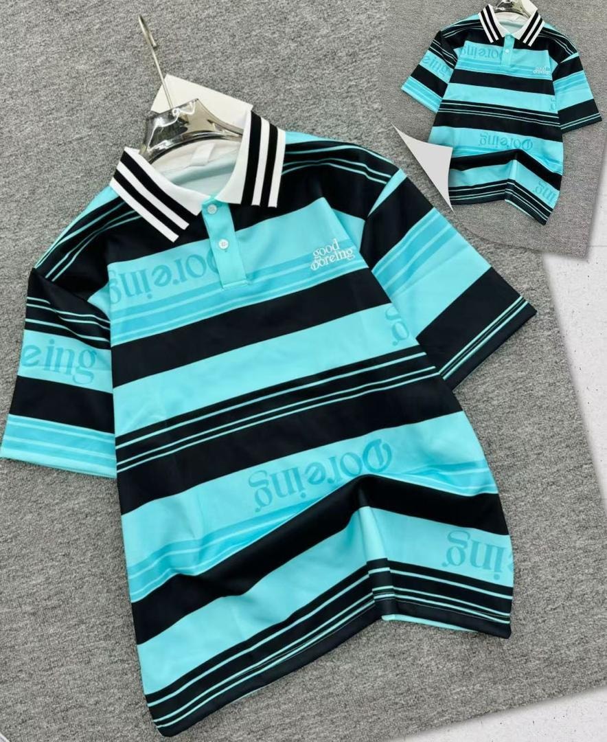 Light blue and black striped polo shirt on hanger with inset view.