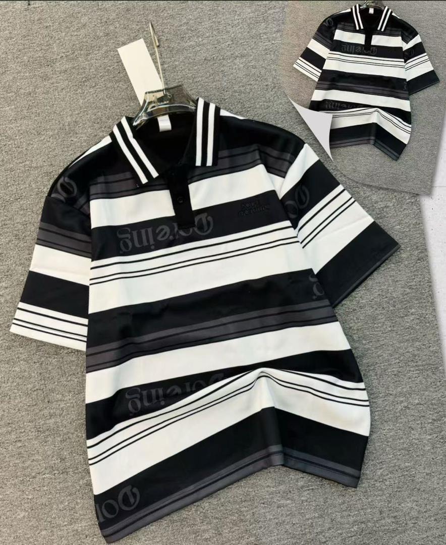 Black and white striped polo shirt on hanger with inset back view.