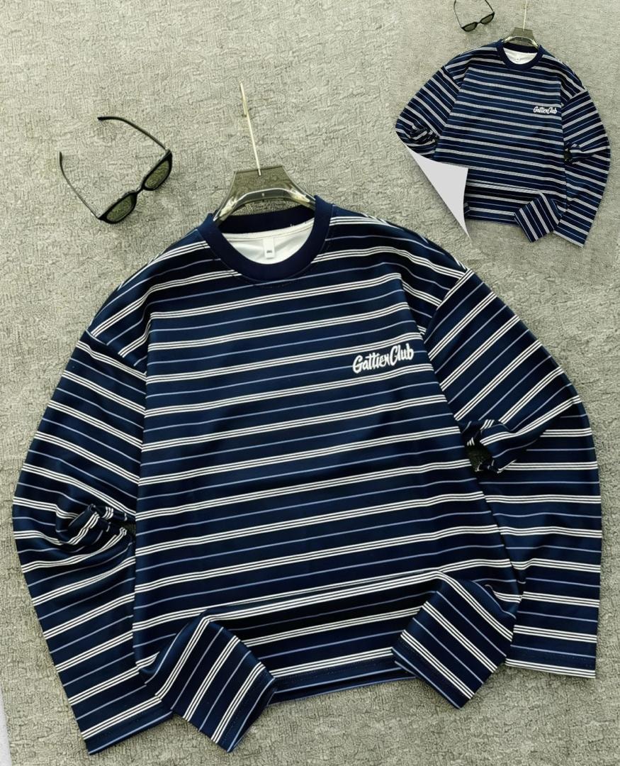 Navy and white striped GattierClub long sleeve top on hanger with front view, logo detail, and inset shot.