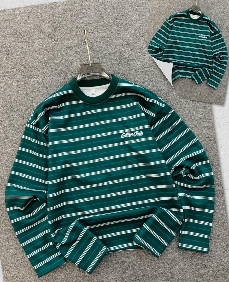 Green and white striped GattierClub long sleeve top on hanger showing front view with logo and inset detail shot.