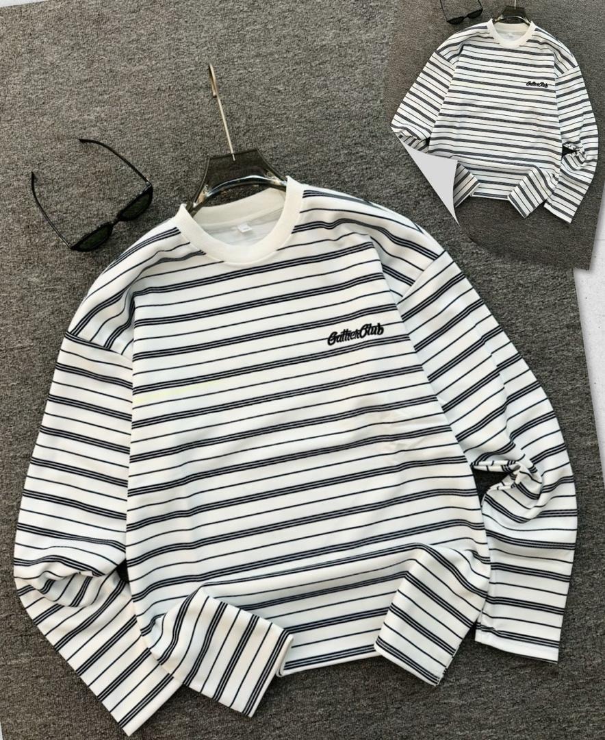 White and black striped long sleeve sweatshirt with Gather Club embroidery on chest.