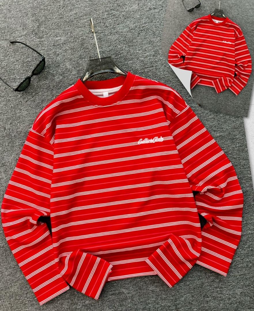 Red and white striped long sleeve sweatshirt with Gather Club embroidery on chest.