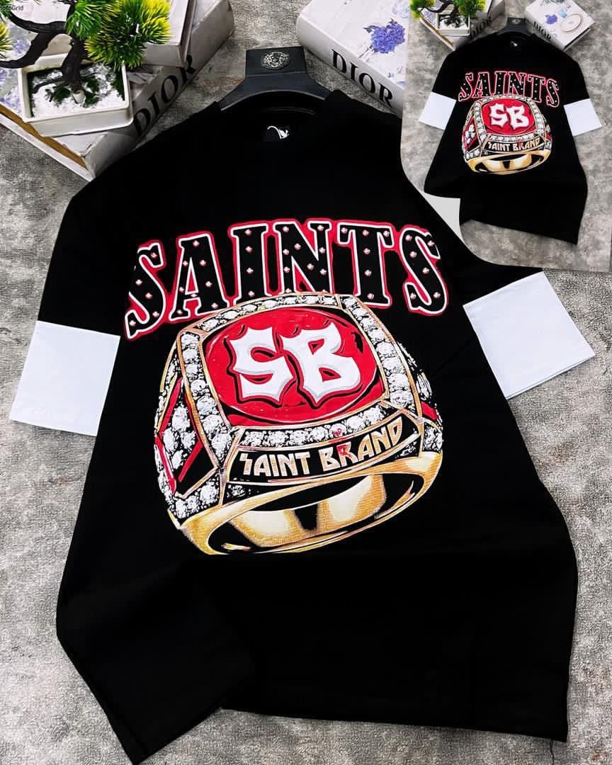 Black long sleeve t-shirt with Saints championship ring graphic and white contrast sleeves.