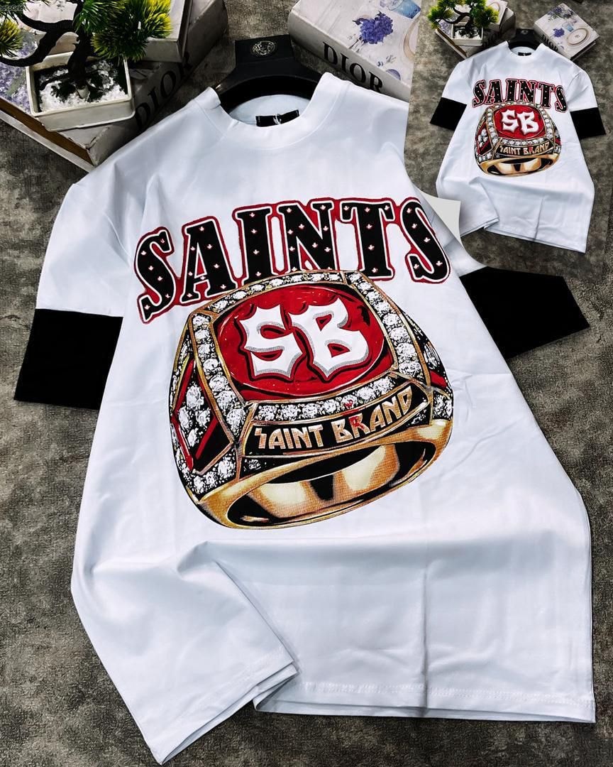 White long sleeve t-shirt with Saints championship ring graphic and black contrast sleeves.