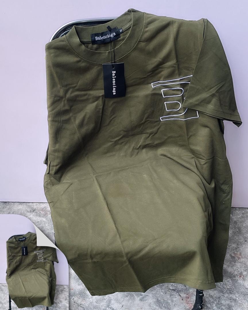 Olive Balenciaga t-shirt with large B logo on the chest.