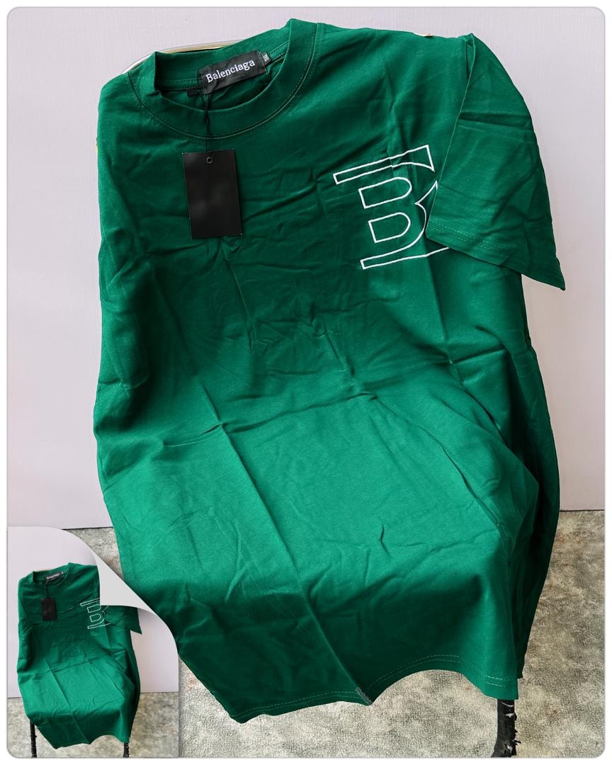 Green Balenciaga t-shirt with large B logo on the chest.