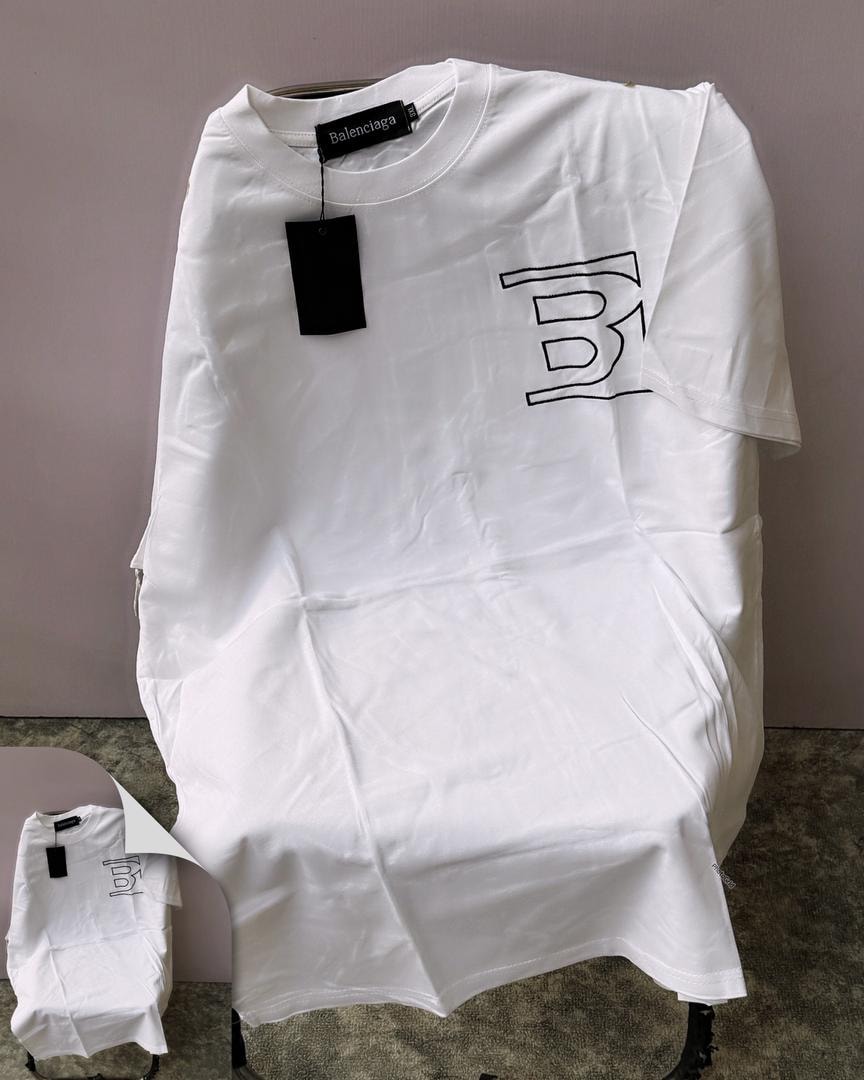 White Balenciaga t-shirt with large B logo on the chest.