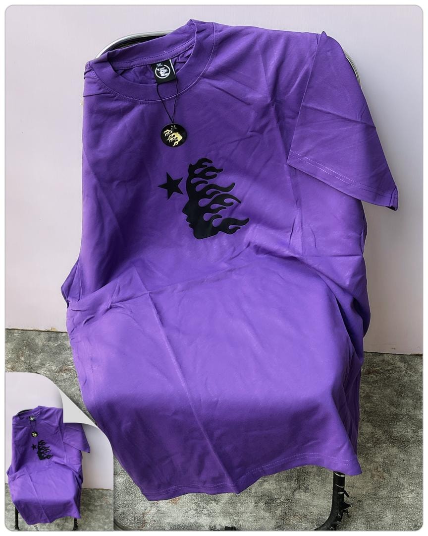 Purple flame profile graphic round neck t-shirt laid flat with tag.