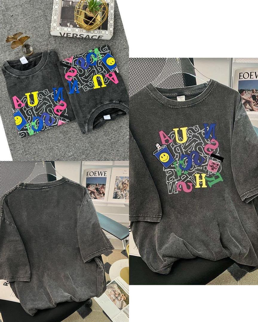 Collage of dark washed t-shirt with colorful graffiti letter prints, showing multiple angles.