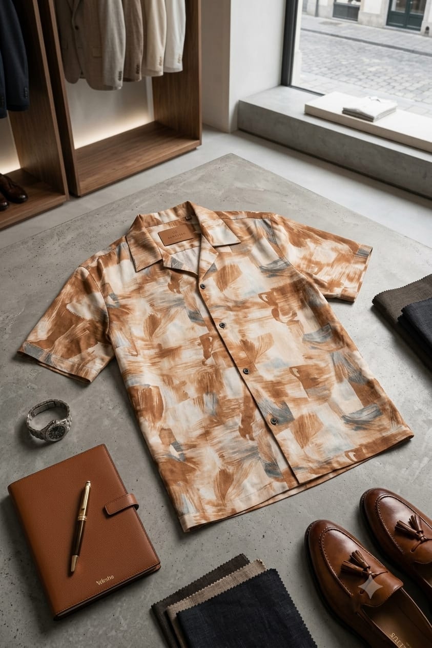 Brown abstract patterned short sleeve shirt displayed on grey floor with leather notebook, watch and loafers.