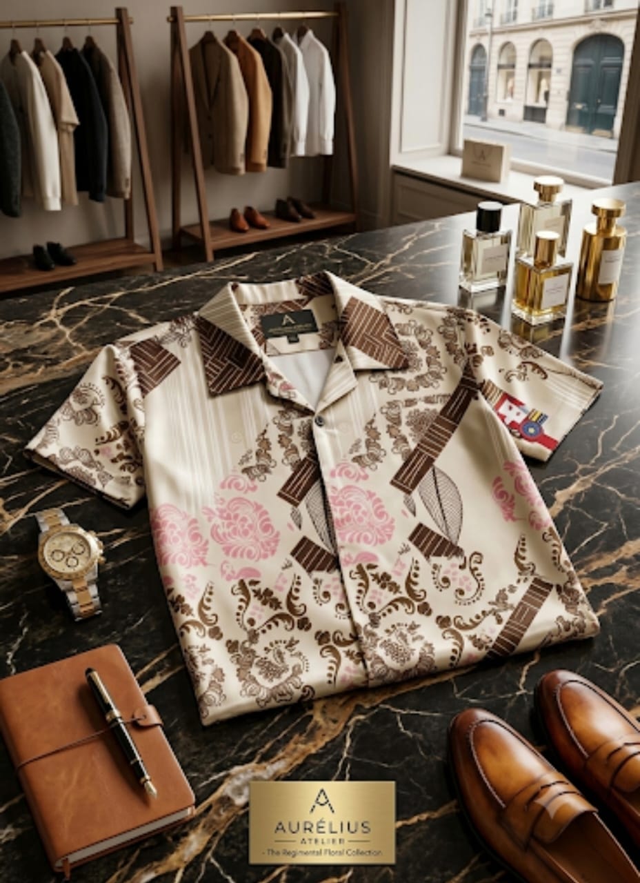 Cream short sleeve shirt with pink and brown floral geometric prints styled on marble table with watch, notebook and shoes.