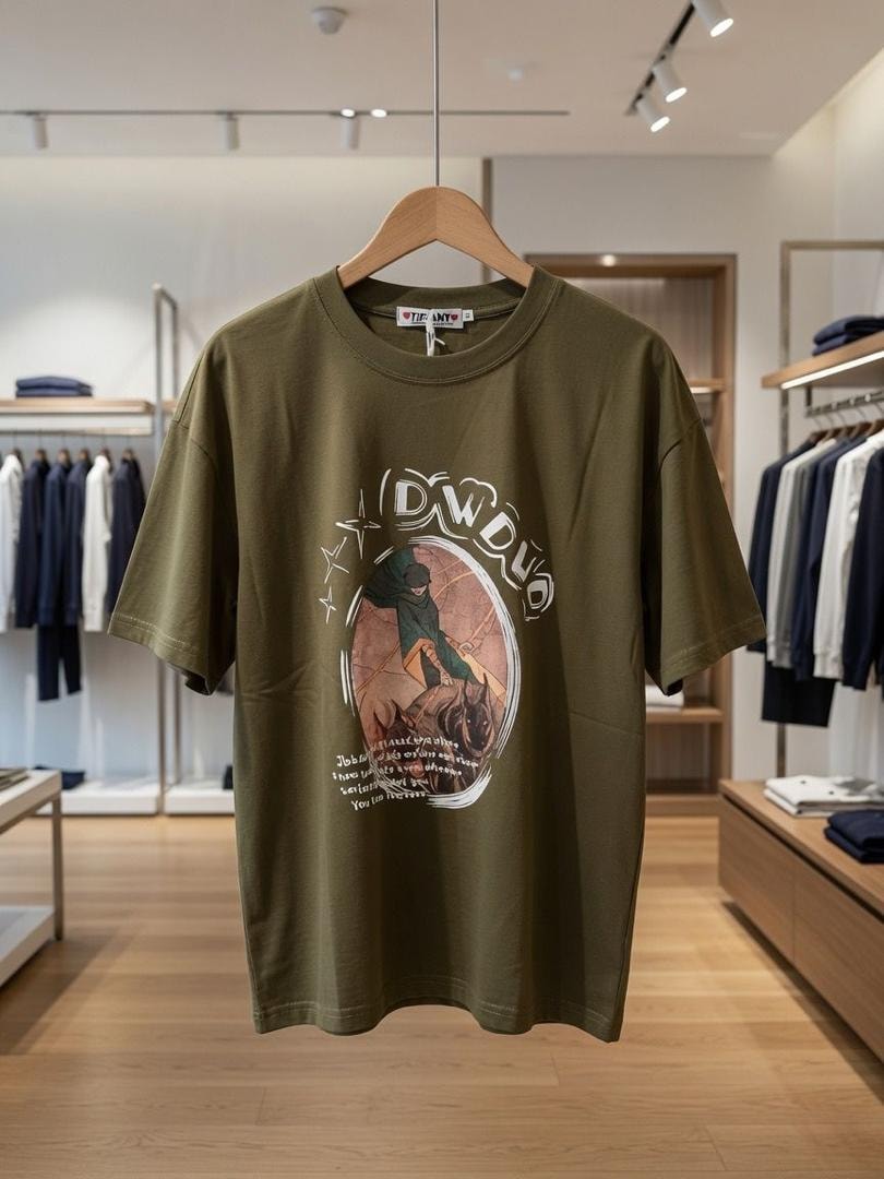Olive green t-shirt with DWDWD circular illustration and text.
