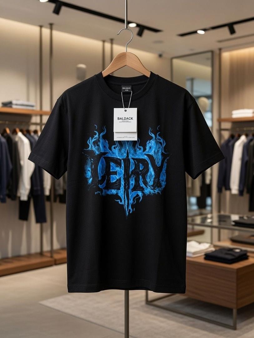 Black t-shirt with blue fiery graphic and FIERY text.