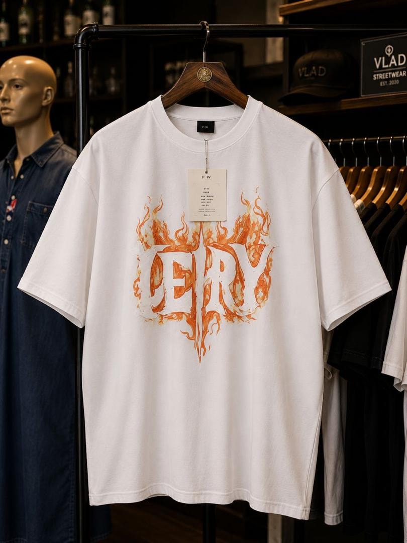 White t-shirt with orange fiery FIERY graphic print on front.
