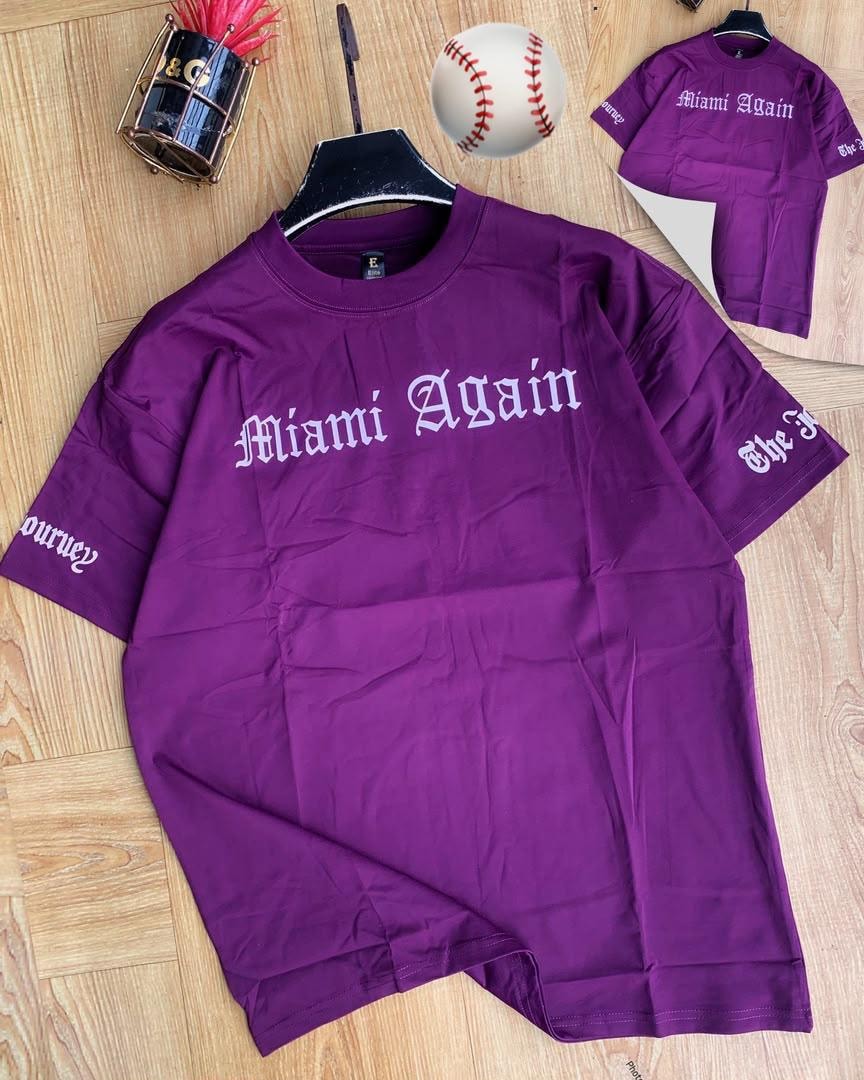 Purple Miami Again gothic t-shirt laid flat with inset view.