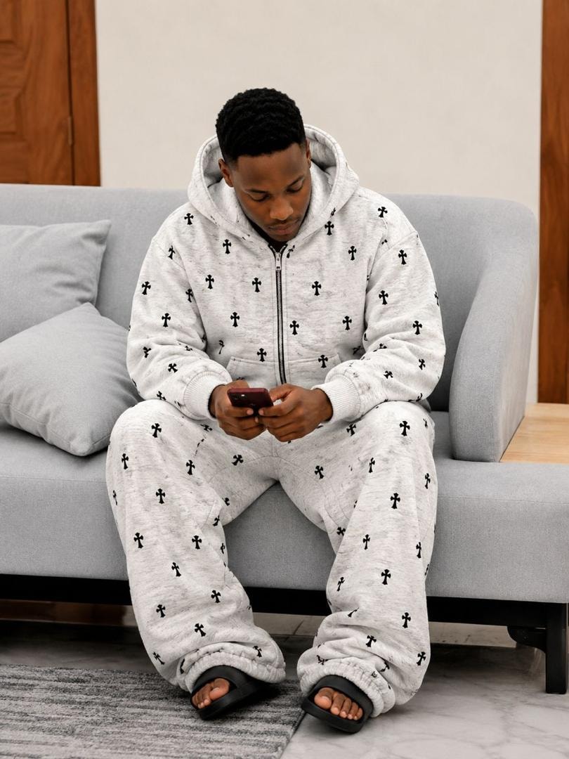 Model wearing white cross print zip-up two-piece hoodie and pants set.