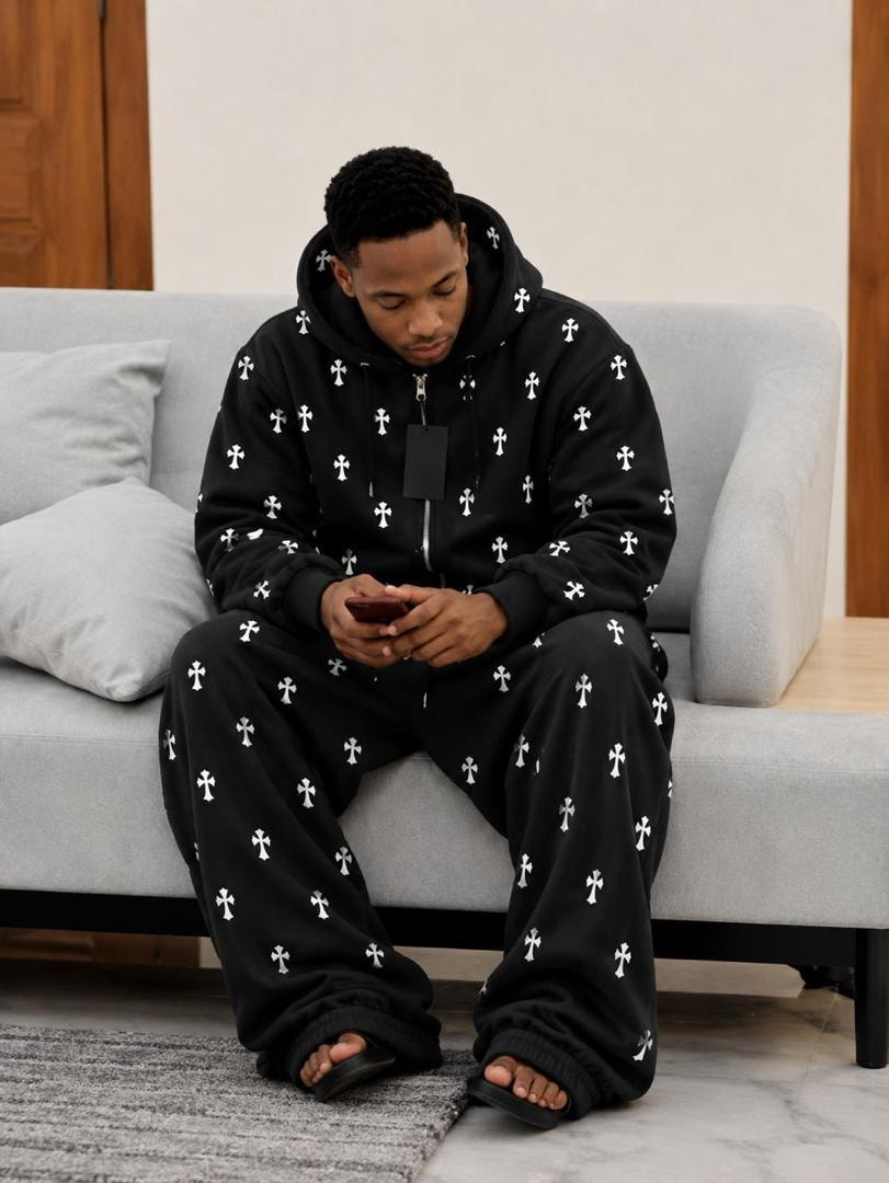 Model wearing black cross print zip-up two-piece hoodie and pants set.