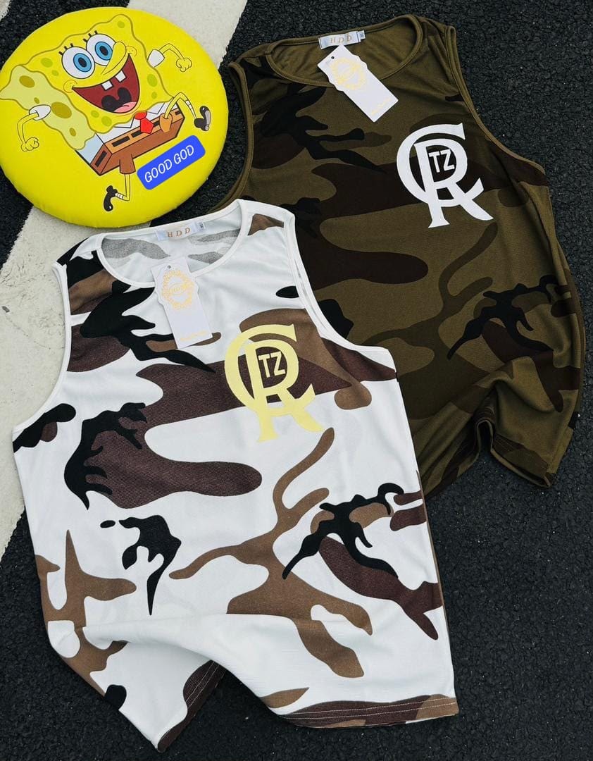 White and olive camouflage print tank and shorts sets featuring chest logo.