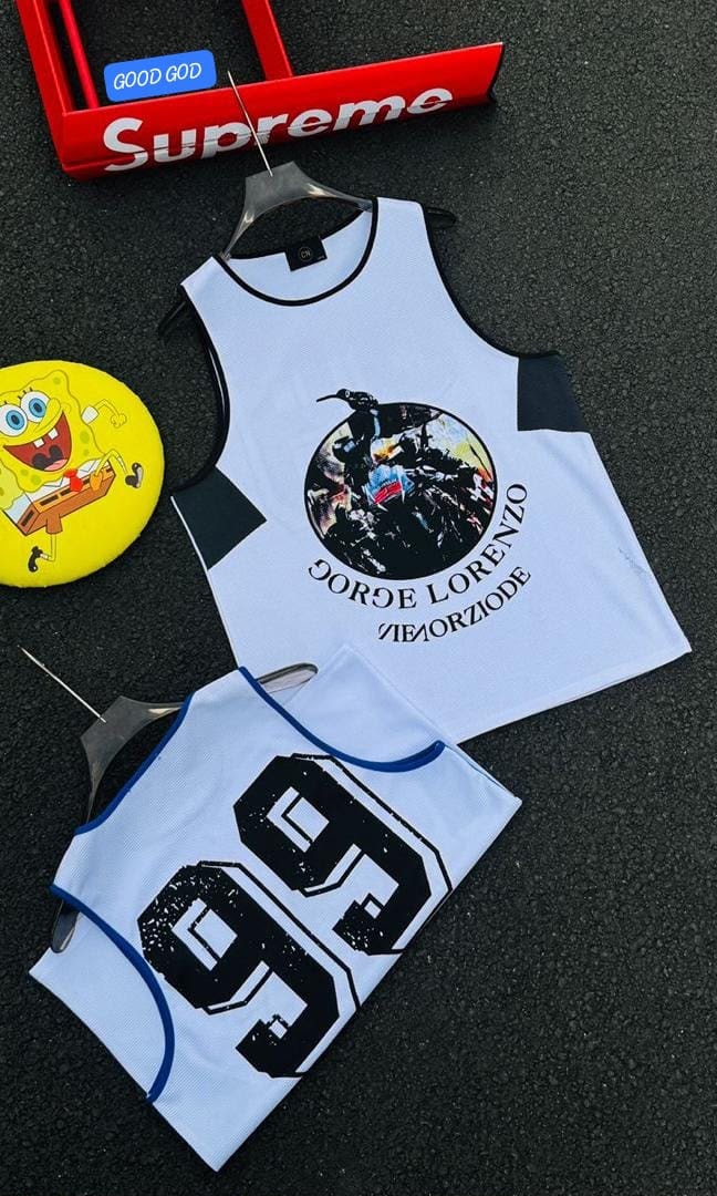 White armless tank top with Jorge Lorenzo motorcycle graphic and black side panels.