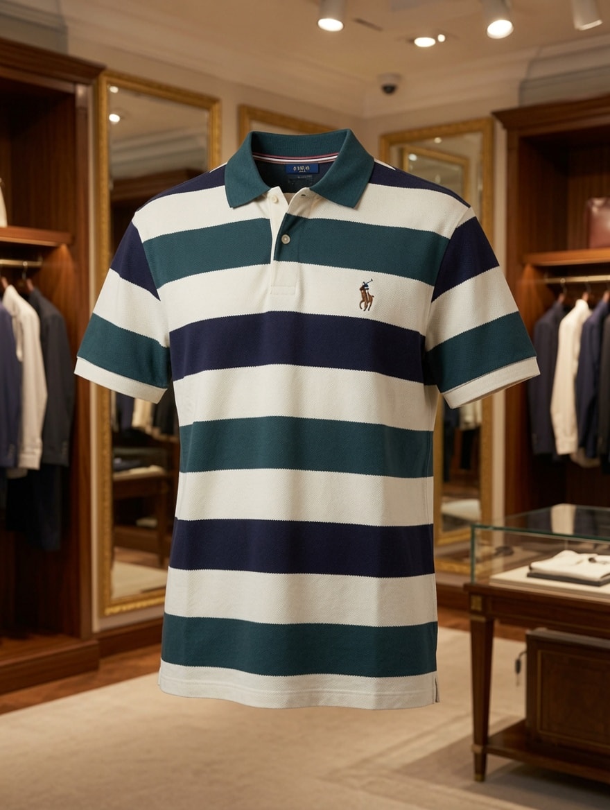 Teal and navy striped polo shirt with logo hanging in a luxury retail store.